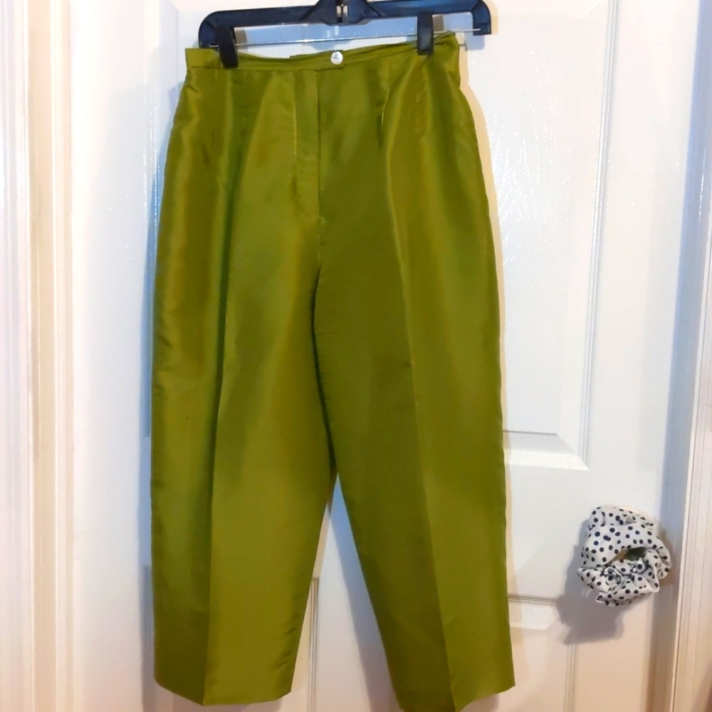Herve bernard green silk mid calf slacks